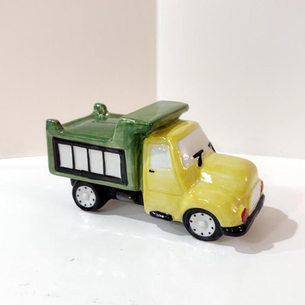 Vintage Ceramic Dump Truck Childs Coin Bank, Andrea by Sadek Green and Yellow Truck Bank