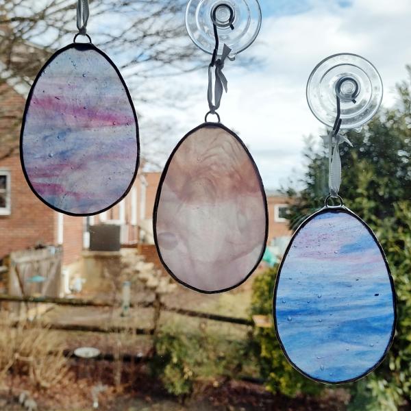 Stained Glass Easter Egg Suncatchers, Set of Three, Blue and Pink Youghiogheny Art Glass