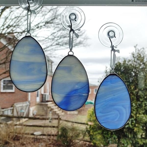 Stained Glass Easter Egg Suncatchers, Set of Three, Blue and Yellow Glass Easter Egg Decoration
