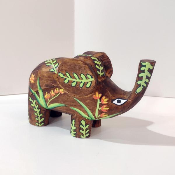 Hand Carved Wooden Elephant Figurine, Hand Painted Primitive Elephant Statue with Flower Design