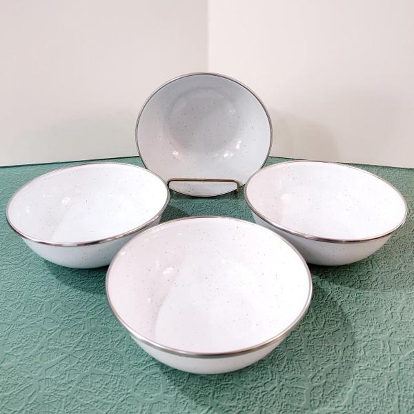 Vintage White Speckled Enamel Camping Bowls, Set of Four, Enamelware Cereal Soup Bowls
