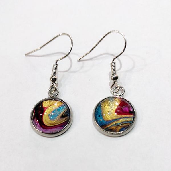 Painted Earrings, Gold, Blue, and Pink Swirls