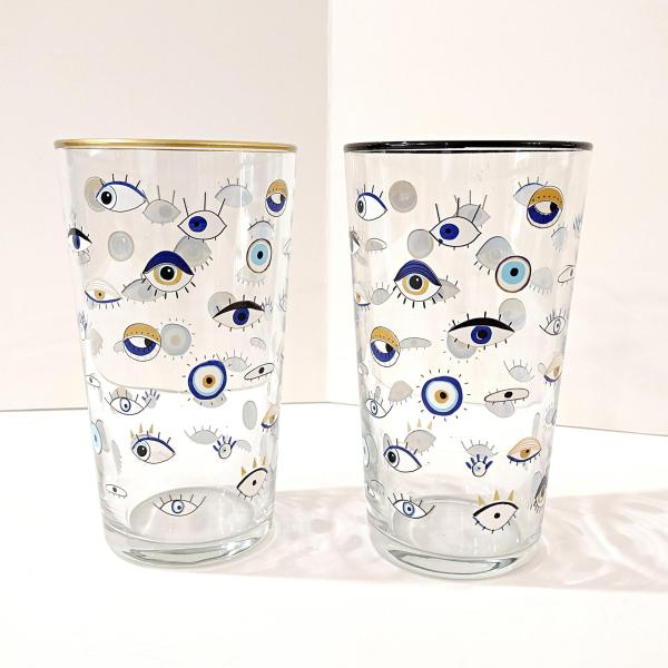 Vintage Anthropologie Rakle Watchful Evil Eye Drinking Glasses, Set of 2, 18 Ounce Eyeball Beer Pint Glasses