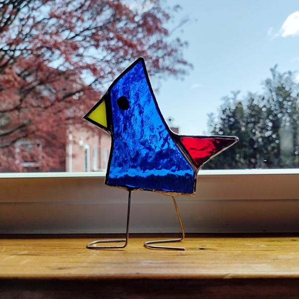 Stained Glass Standing Bird, Funky Glass Blue Bird Suncatcher