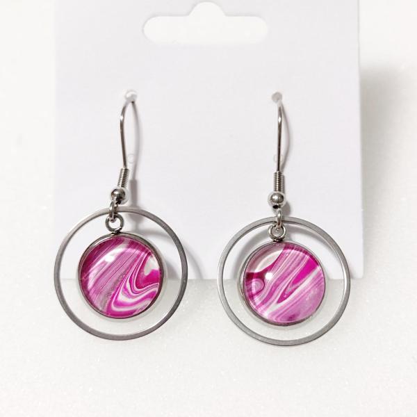 Painted Earrings, Pink and White Swirl Circles