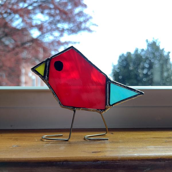 Stained Glass Standing Bird, Funky Red and Blue Glass Bird Suncatcher