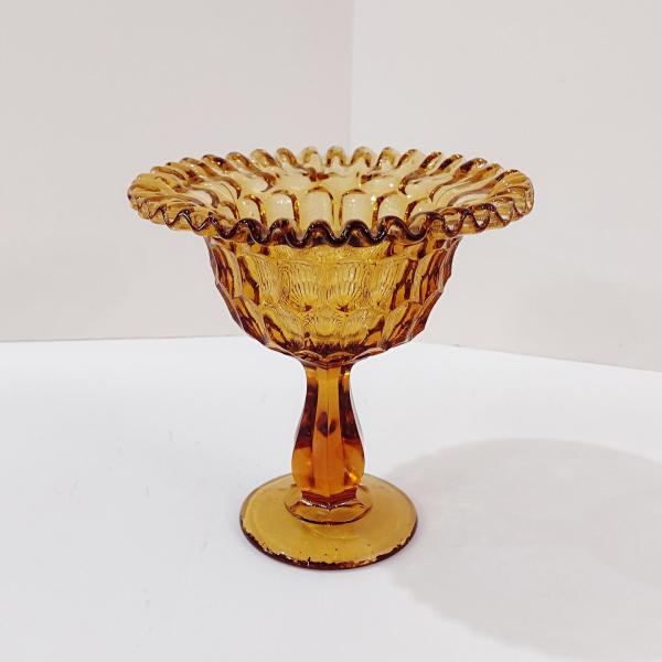 Vintage Fenton Amber Thumbprint Crimped Edge Glass Compote