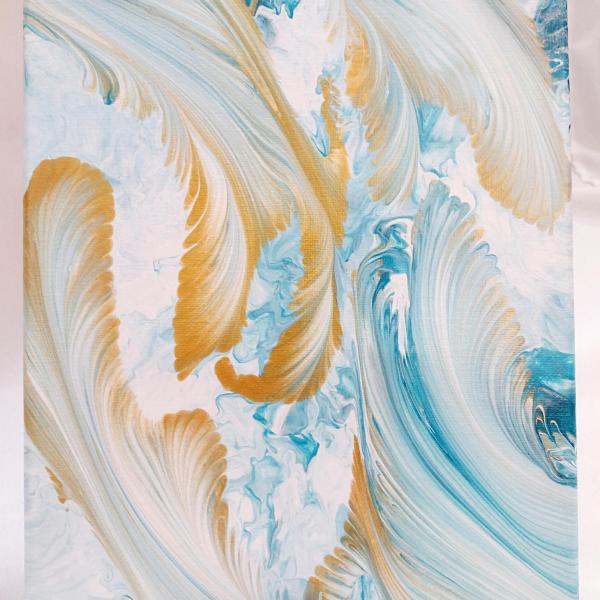 Blue and Gold Feathers Abstract Original Acrylic Pour Painting, 8" x 10", Fluid Art Painting