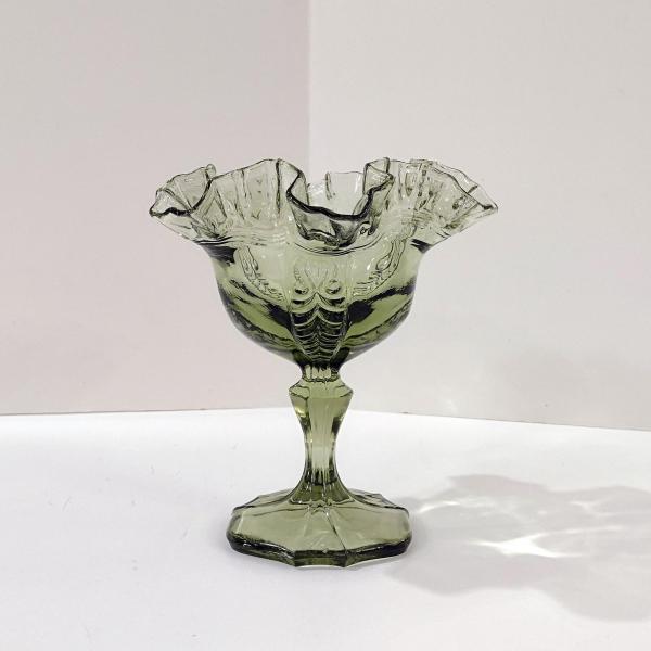 Vintage Fenton Sea Mist Green Empress Ruffled Glass Compote