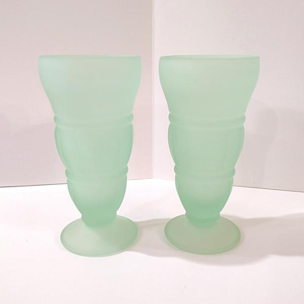 Vintage Indiana Glass Frosted Green Soda Fountain Glasses: Retro Milkshake Sundae Set of Two