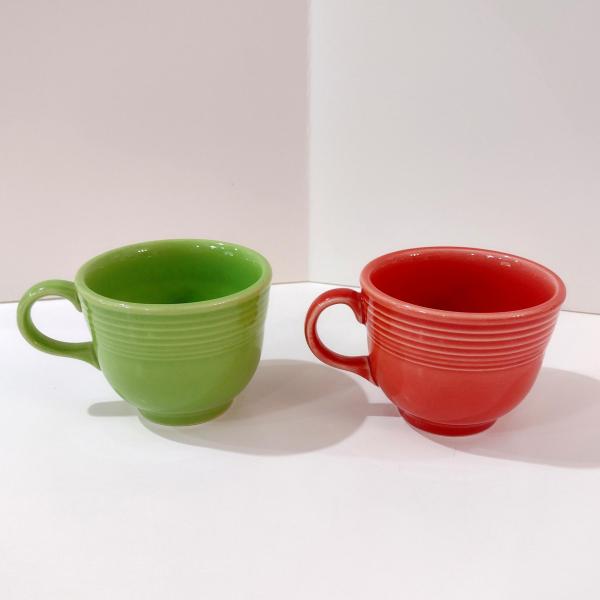 Vintage Fiestaware Classic Tea Cups, Set of Two, Flamingo and Chartreuse Fiestaware Ceramic Cups