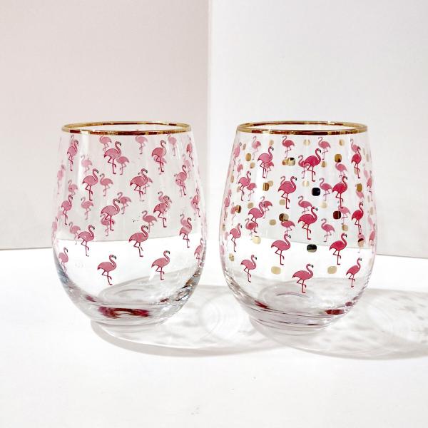 Vintage Flamingo Stemless Wine Glasses, Set of Two, Large 18 Ounce Wine Tumblers