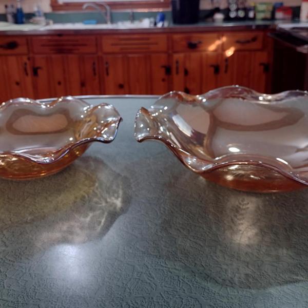 Vintage Jeanette Floragold Louisa Pattern Ruffled Serving Bowls, Set of Two, Carnival Glass Bowl, Fruit Bowl, Centerpiece Bowl