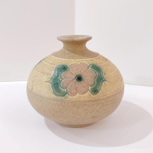 Vintage Studio Art Pottery Floral Ceramic Seed Pot Bud Vase, Pink and Green Flower Vase