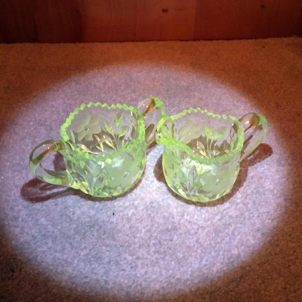 Vintage EAPG Etched Floral Design Open Sugar Bowl And Creamer Set
