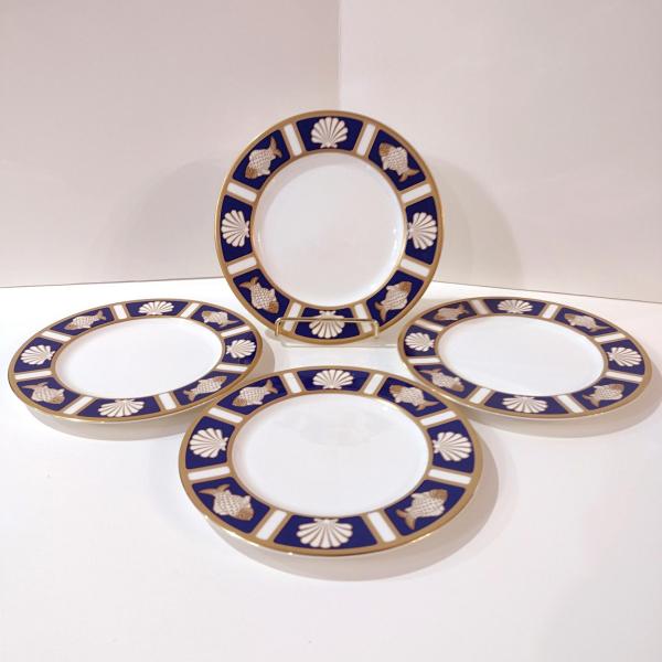 Vintage Mikasa Fish and Shell Cobalt Blue Salad Dessert Bone China Plates, Cathy Hardwick Nautical Beachy Appetizer Plates, Set of Four