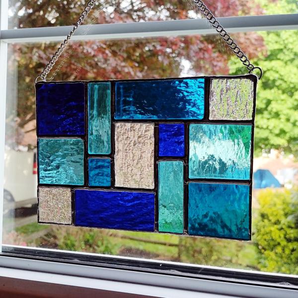 Geometric Mondrian Style Suncatcher, Blue and Clear
