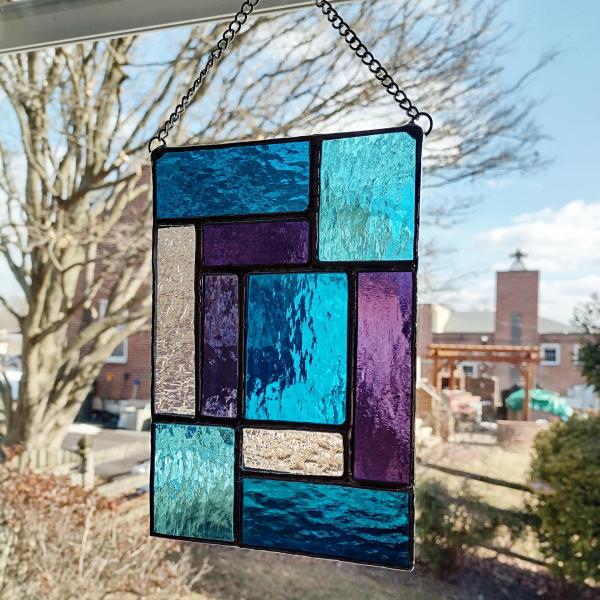 Blue and Purple Geometric Stained Glass Window Panel, Mondrian Stained Glass Suncatcher, Custom Colors Available