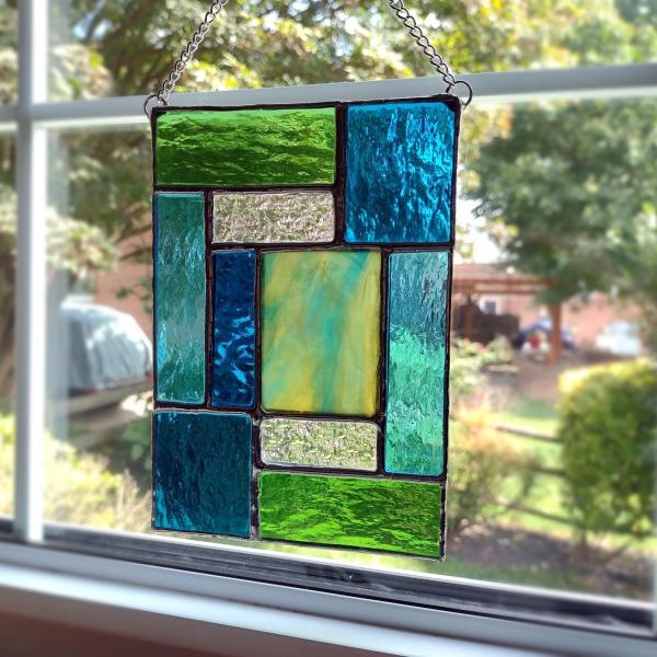 Geometric Mondrian Style Suncatcher, Blue and Green