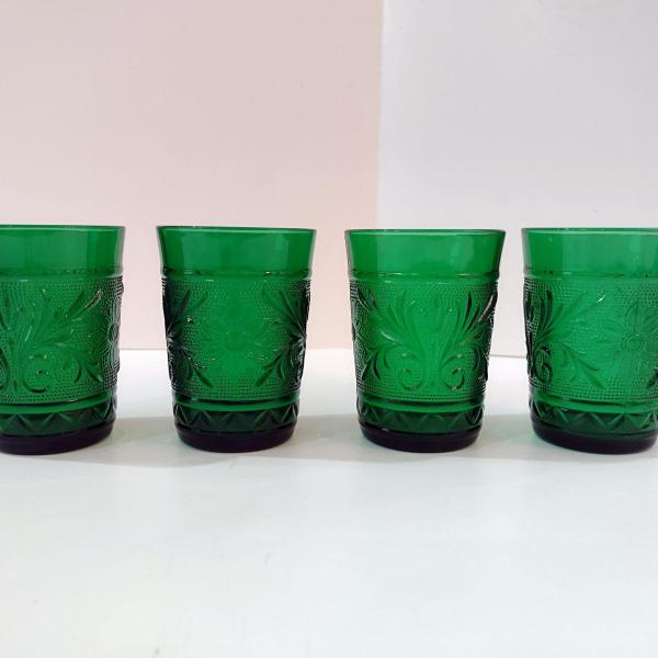 Vintage Anchor Hocking Forest Green Sandwich Glass Tumblers, Set of Four