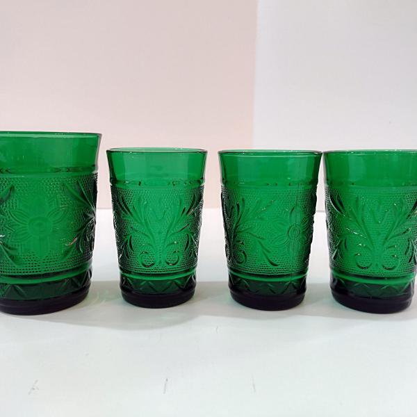 Vintage Anchor Hocking Forest Green Sandwich Glass Tumbler and Three Juice Glasses