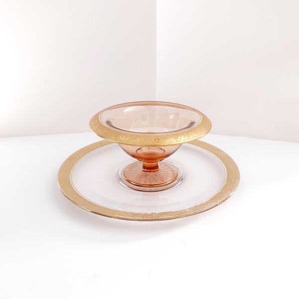 Vintage Glastonbury Rambler Rose Gold Rimmed Footed Mayonnaise Dip Bowl and Serving Plate