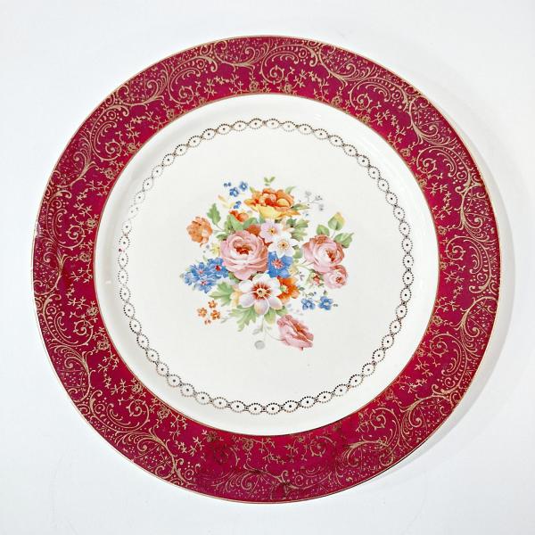 Vintage Southern Potteries Inc Royal Rajah Maroon Floral 22K Gold Dinner Plates, Set of 2