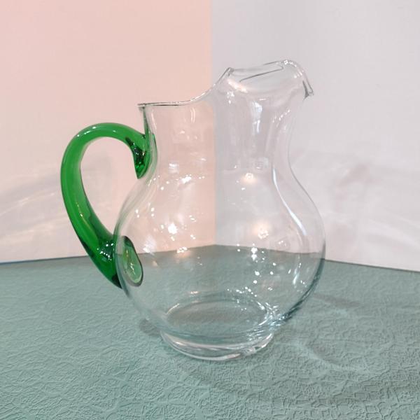 Vintage Libbey Acapulco Clear Glass Pitcher with Green Handle and Ice Guard Spout