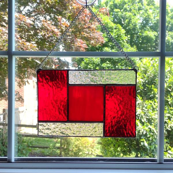 Geometric Mondrian Style Suncatcher, Red and Clear Cathedral and Opalescent Glass