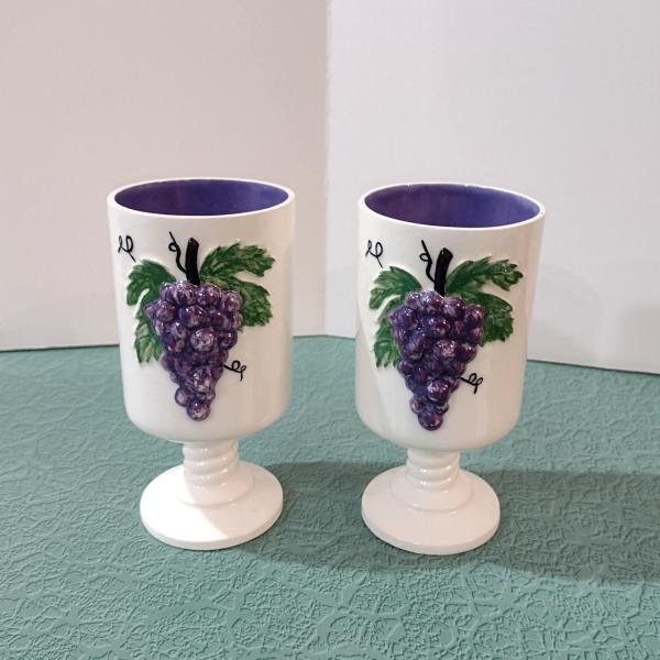 Vintage Hand Painted Ceramic Grape Cluster Goblets, Set of Two, Grape Wine Glasses Chalices