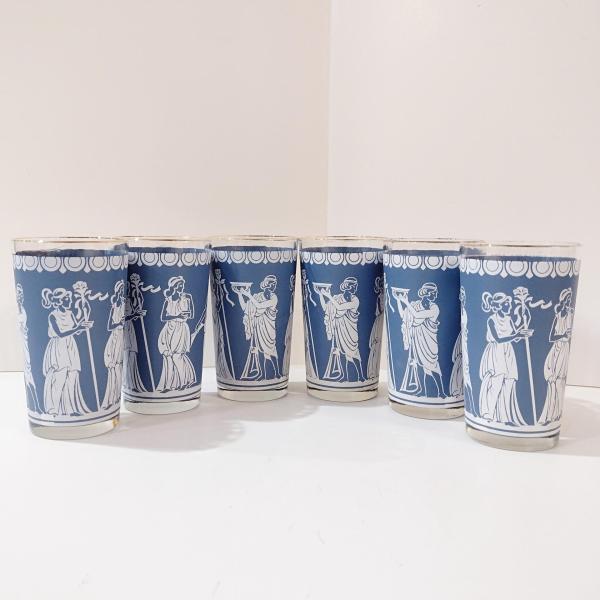 Vintage Jeanette Corinthian Blue Hellenic Greek Roman Themed Glasses, Set of 6