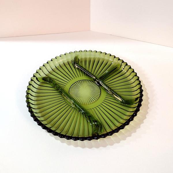 Vintage Indiana Glass Green 4 Section Relish Dish, Olive Green Divided Glass Tray