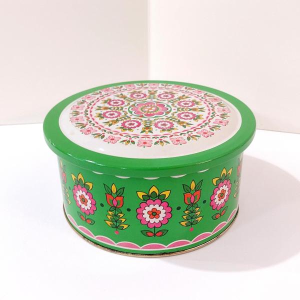 Vintage Green and Pink Mosaic Mandala Flowers Round Metal Tin Storage Container, Brazilian Floral Gift Tin