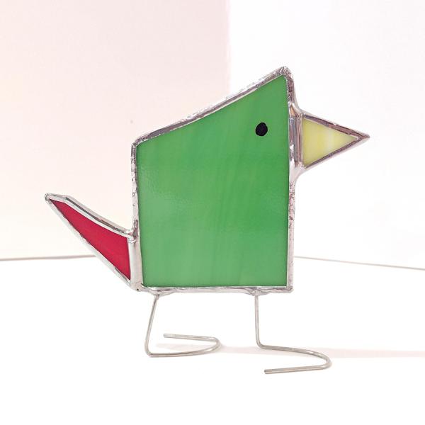 Stained Glass Standing Bird, Funky Green and Red Glass Bird Suncatcher, Bird Lover Gift, Windowsill Sitter
