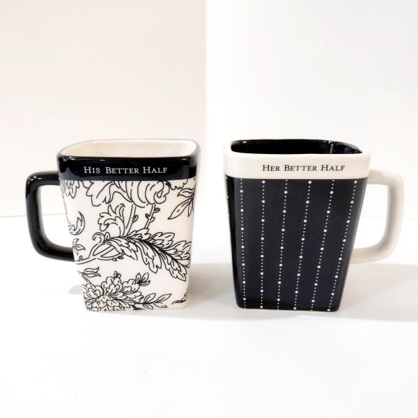 His and Hers Black and White Square Ceramic Coffee Mugs, Set of Two, His Better Half / Her Better Half