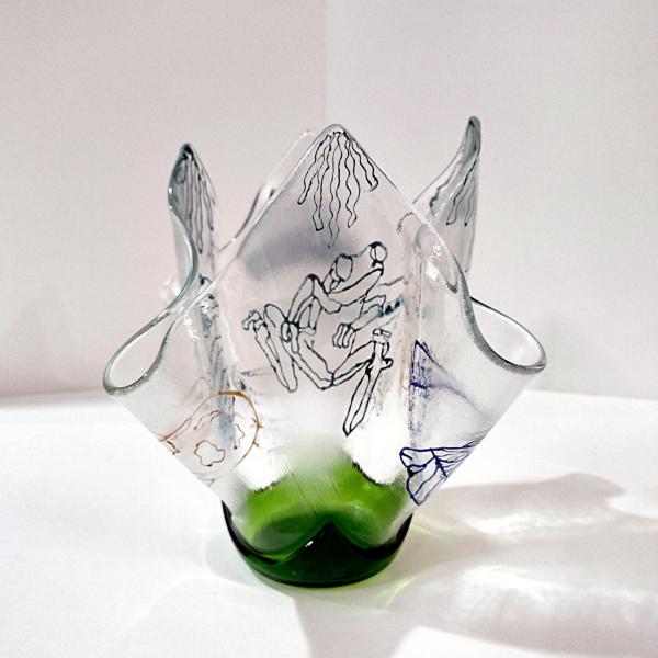 Large Aquatic Themed Fused Glass Handkerchief Vase, Fish and Frog Design, Beach Decor