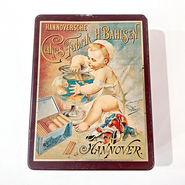 Vintage Hannoversche Cakes-Fabrik Hinged Tin Box, Retro German H. Bahlsen Advertising Metal Tin Container