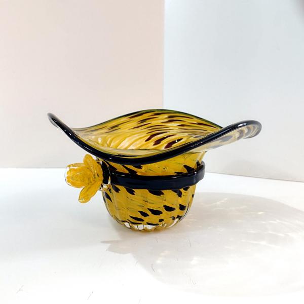 Vintage Blown Glass Hat Bowl, Yellow and Black Art Glass Bowl, Ladies Hat Art Piece