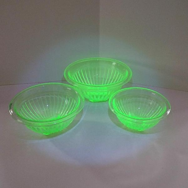 Vintage Uranium Glass Mixing Bowl Set of Three, Bartlett Collins BTC Ribbed Panel Green Depression Glass Bowls