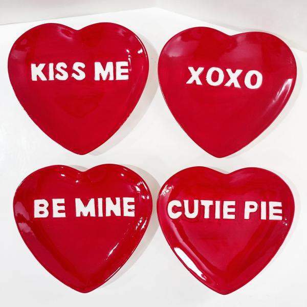 Vintage Red Heart Valentines Day Gift Appetizer Plates, Set of Four, Conversation Heart Plates