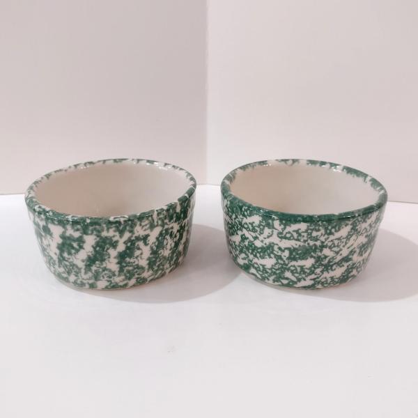 Vintage Green Spongeware 5 Inch Bowls, Set of Two, Ceramic Butter Tub, Workshops of Gerald E Henn Pottery, Roseville Spongeware Pottery