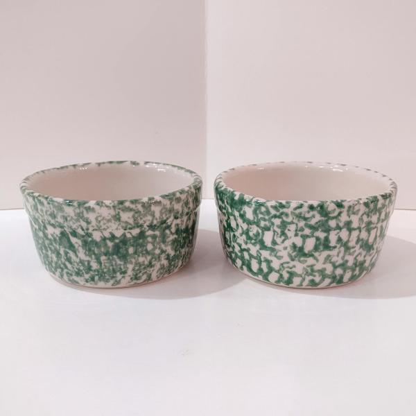 Vintage Green Spongeware 5 Inch Bowls, Set of Two, Ceramic Butter Tub, Workshops of Gerald E Henn Pottery, Roseville Spongeware Pottery