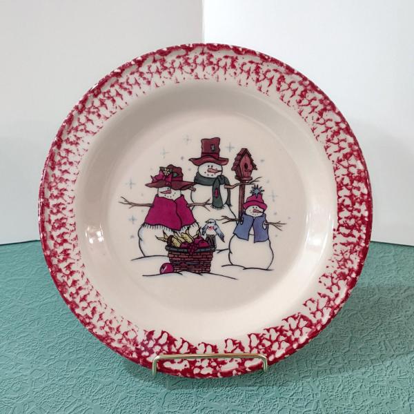 Vintage Rose Red Spongeware Snowman Holiday Christmas Ceramic Dinner Plate, Workshops of Gerald E Henn Pottery