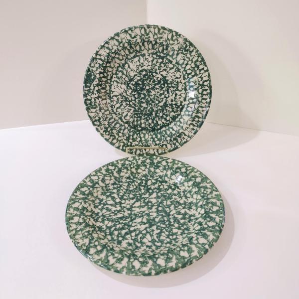 Vintage Green Spongeware Ceramic Dinner Plates, Set of Two, Workshops of Gerald E Henn Pottery