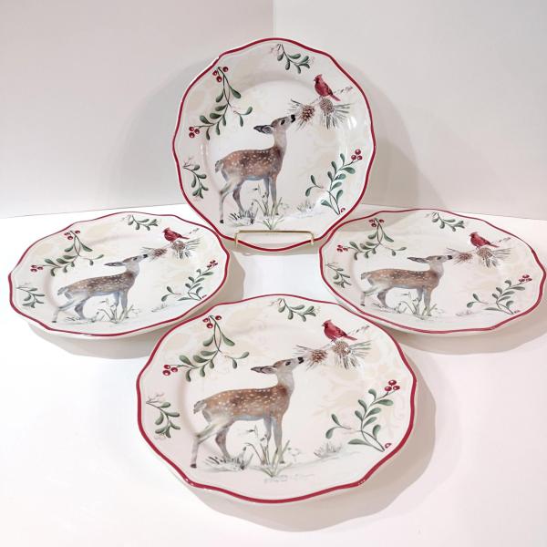 Vintage Better Homes and Gardens Winter Forest Salad Plates, Set of 4, Heritage Collection Luncheon Plates, Deer Cardinal and Holly Berries Plates