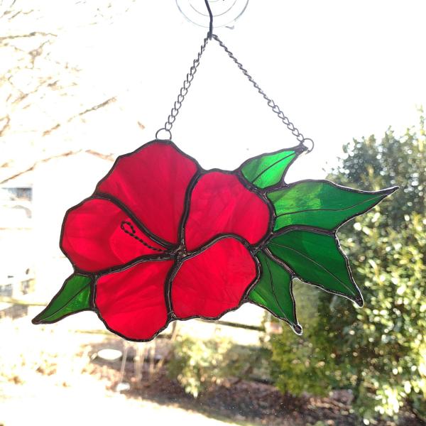 Stained Glass Red Hibiscus Flower Suncatcher