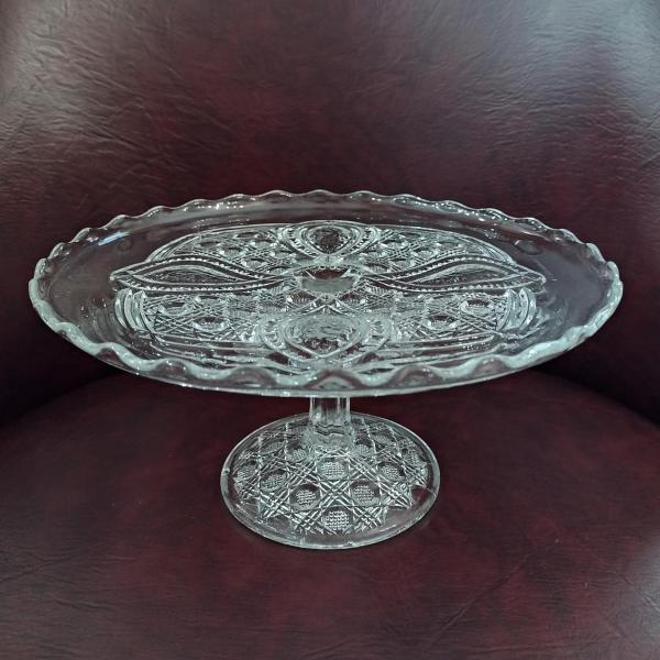 Antique John B Higbee Banner Clear Pressed Glass 9 Inch Pedestal Cake Stand with Scalloped Lip, Vintage EAPG Pastry Dessert Display Plate