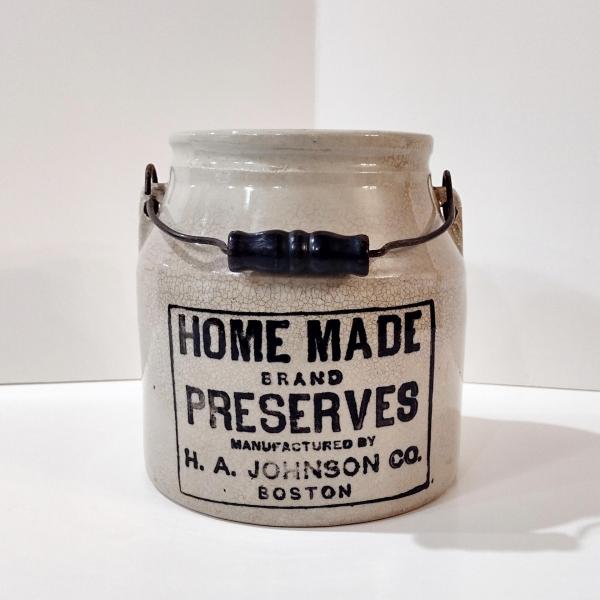 Antique H. A. Johnson Boston Home Made Preserves Stoneware Crock Jar with Lid and Handle, 1890's Ceramic Storage Container