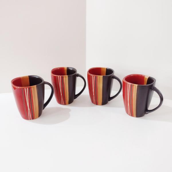 Striped Stoneware Coffee Tea Mugs, Set of Four,  Home Trends Bazaar Red Mugs