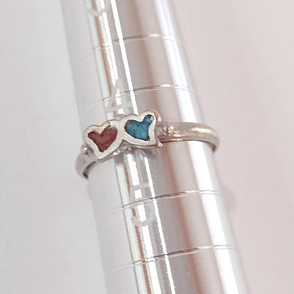 Vintage Turquoise and Coral Red and Blue Heart Sweetheart Friendship Ring, Size 4 1/2,  Double Heart Pinky Ring
